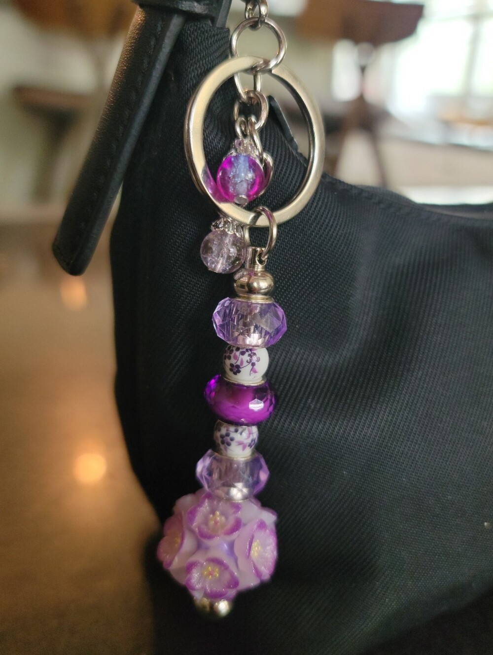 Purple Floral Bead Keychain Charm